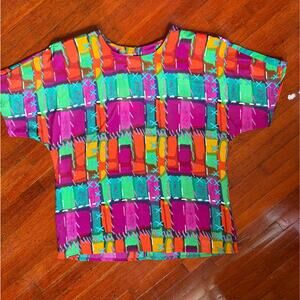 Vintage 80’s Nicola Bright Colorful Neon Square Short Sleeve Blouse Medium Large